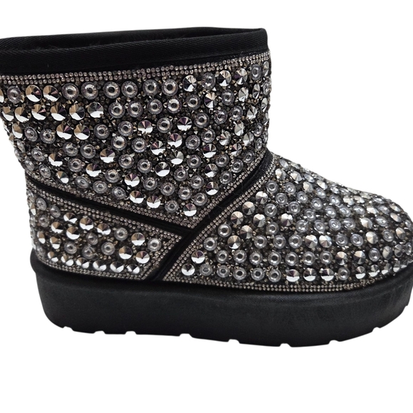 ROUGE Faux Fur Lined Studded Rhinestone Platform Ankle Boots Size 8 Black Silver - Picture 3 of 16